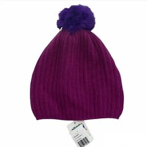 Portolano Cashmere/Extra FineWool/ Silk Blend Beanie Rabbit Fur Pom in Purple-OS